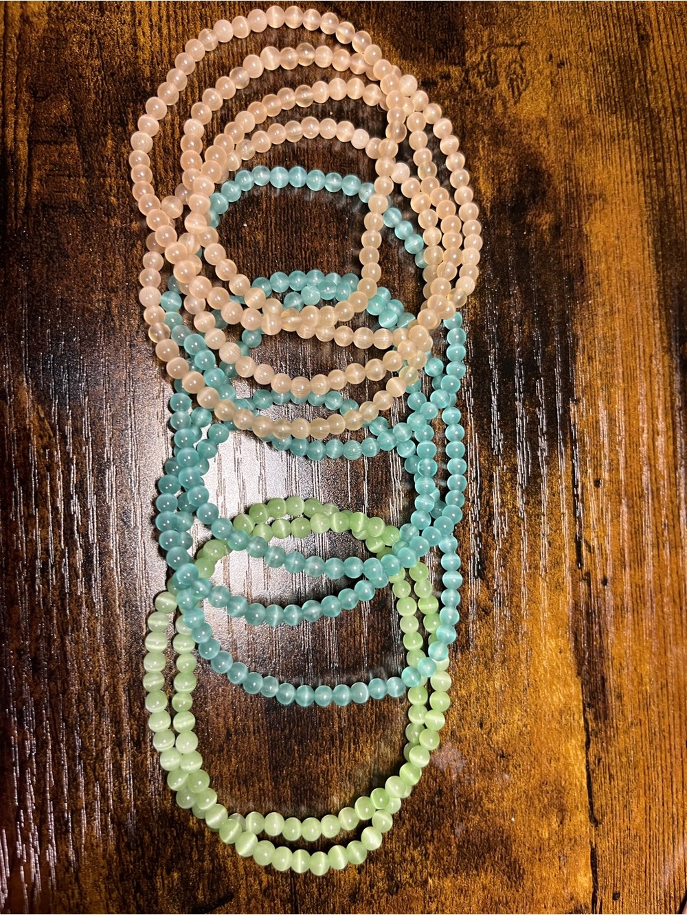 ✨ 10-Piece Cat's Eye Bead Bracelet Bundle - 4 Pink, 4 Blue, 2 Green Stretch